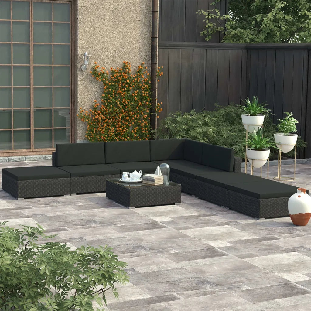Set Divani da Giardino 8 pz con Cuscini in Polyrattan Nero 46748