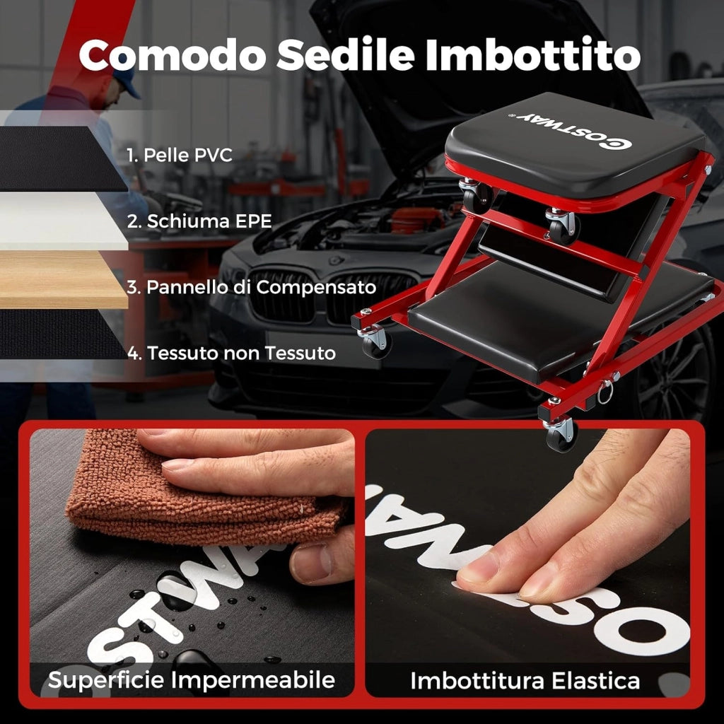 COSTWAY 2 in 1 Sgabello da Officina a Forma di Z, Carrello Meccanico sotto Auto con Sedile Imbottito e Ruote Girevoli a 360°, Portata 150 kg, per Garage e Officina (Nero)