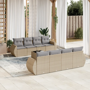 Set Divano da Giardino 9 pz con Cuscini Beige in Polyrattan