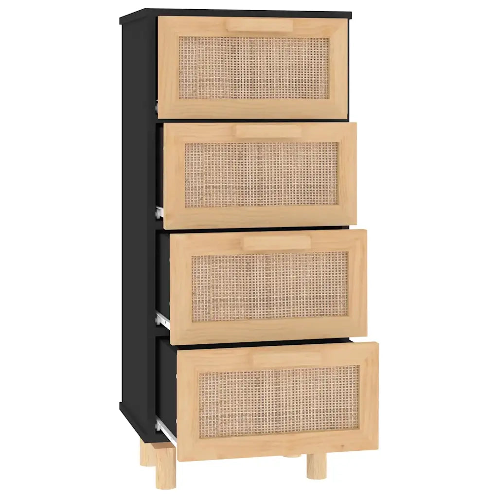 Credenza-Buffet-Armadio da cucina Nera 40x30x90 cm Legno Massello Pino e Rattan Naturale