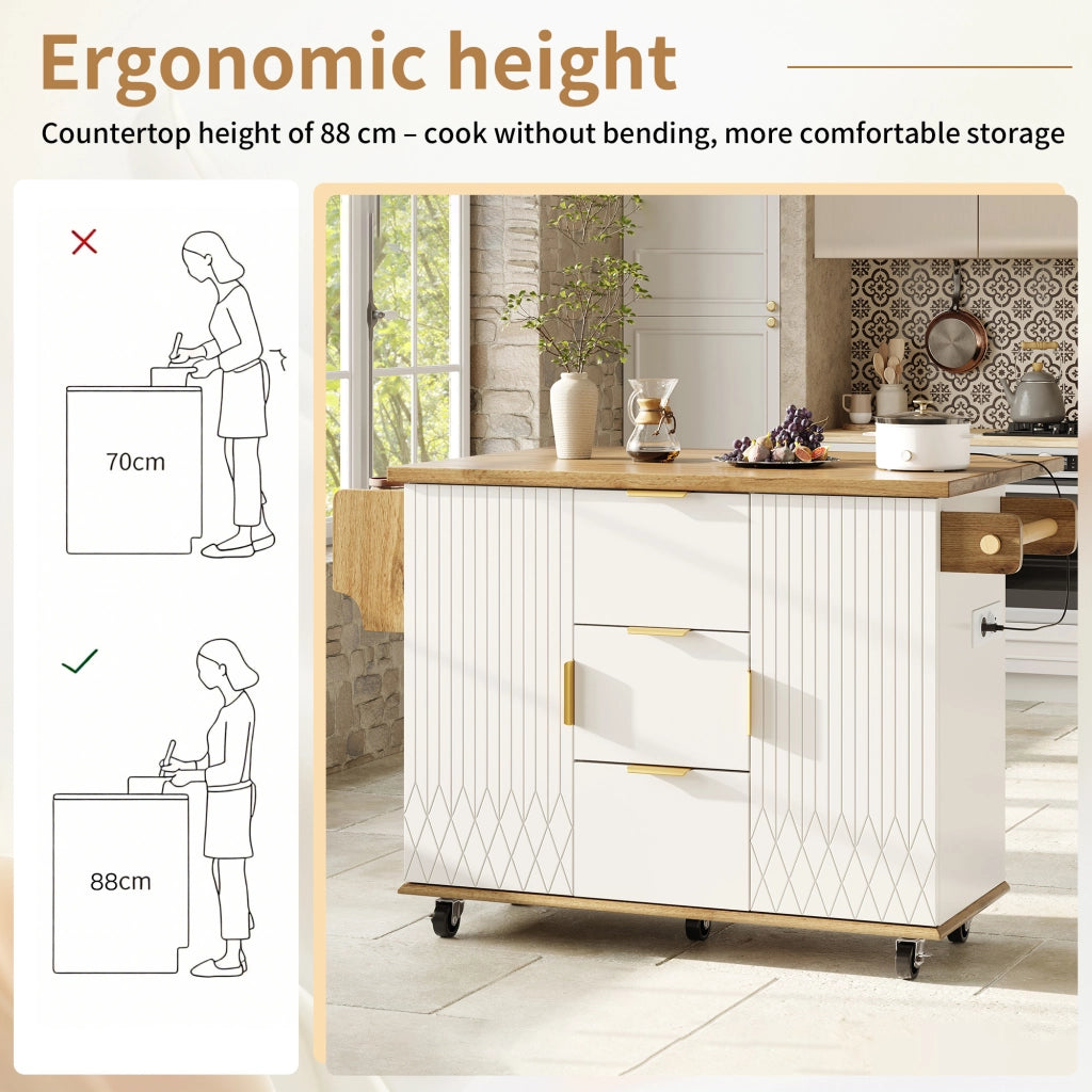 Carrello da cucina con piano estensibile, 3 cassetti, 2 vani, prese e USB, MDF e metallo bianco 134 × 46 × 88 cm