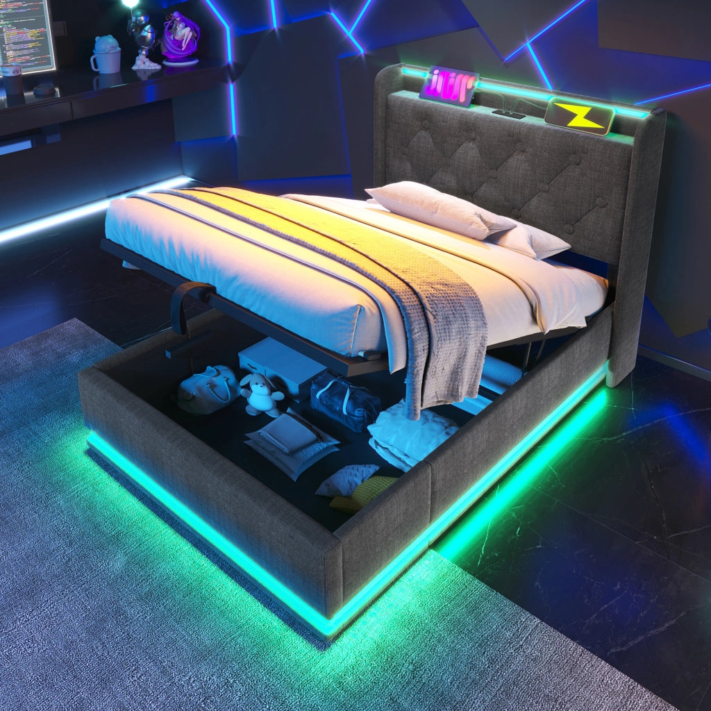 LETTO 90x200 cm in lino grigio con LED, USB Type-C e testiera imbottita