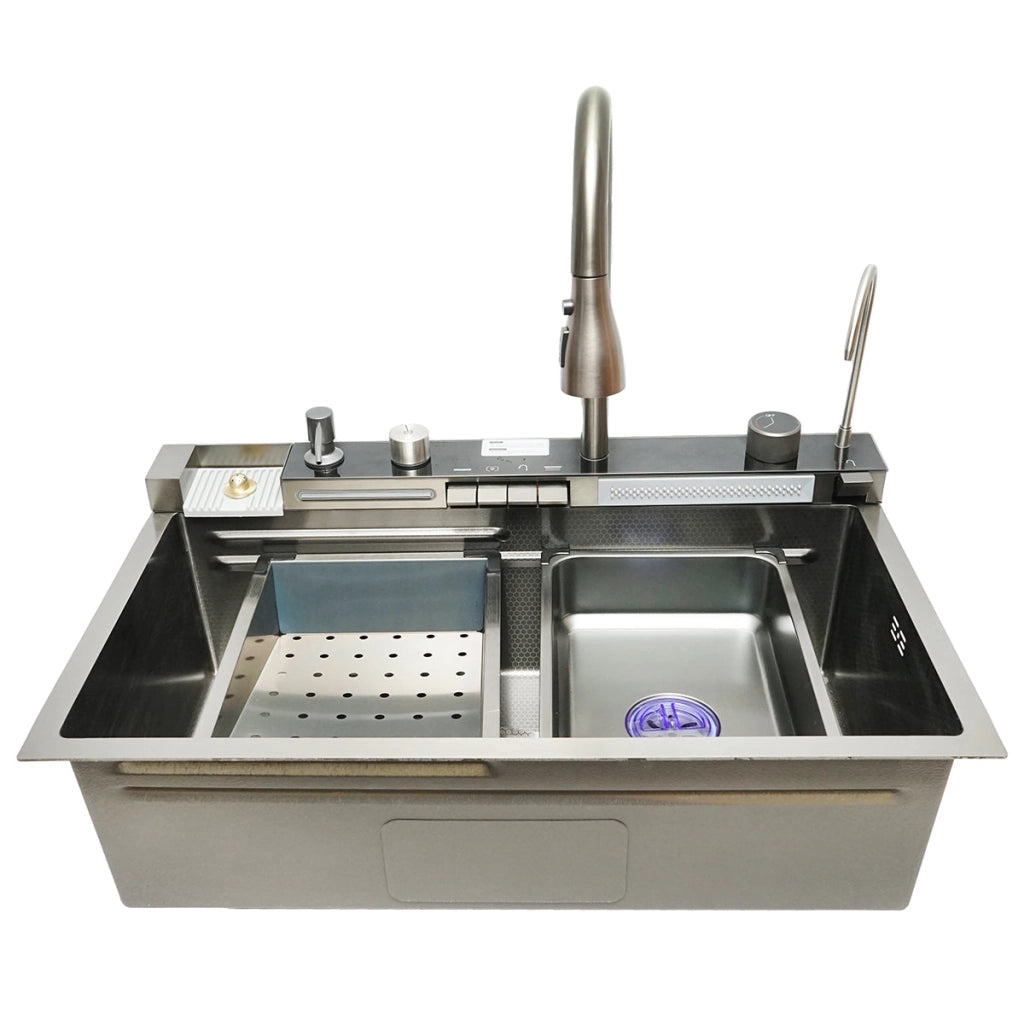 Lavello da cucina multifunzionale in acciaio inox con 2 rubinetti, display digitale della temperatura, funzione cascata, dispenser di sapone, lavapentole, scolapiatti, vassoio, tagliere e accessori di scarico inclusi, dimensioni 75×46×23,5 cm.