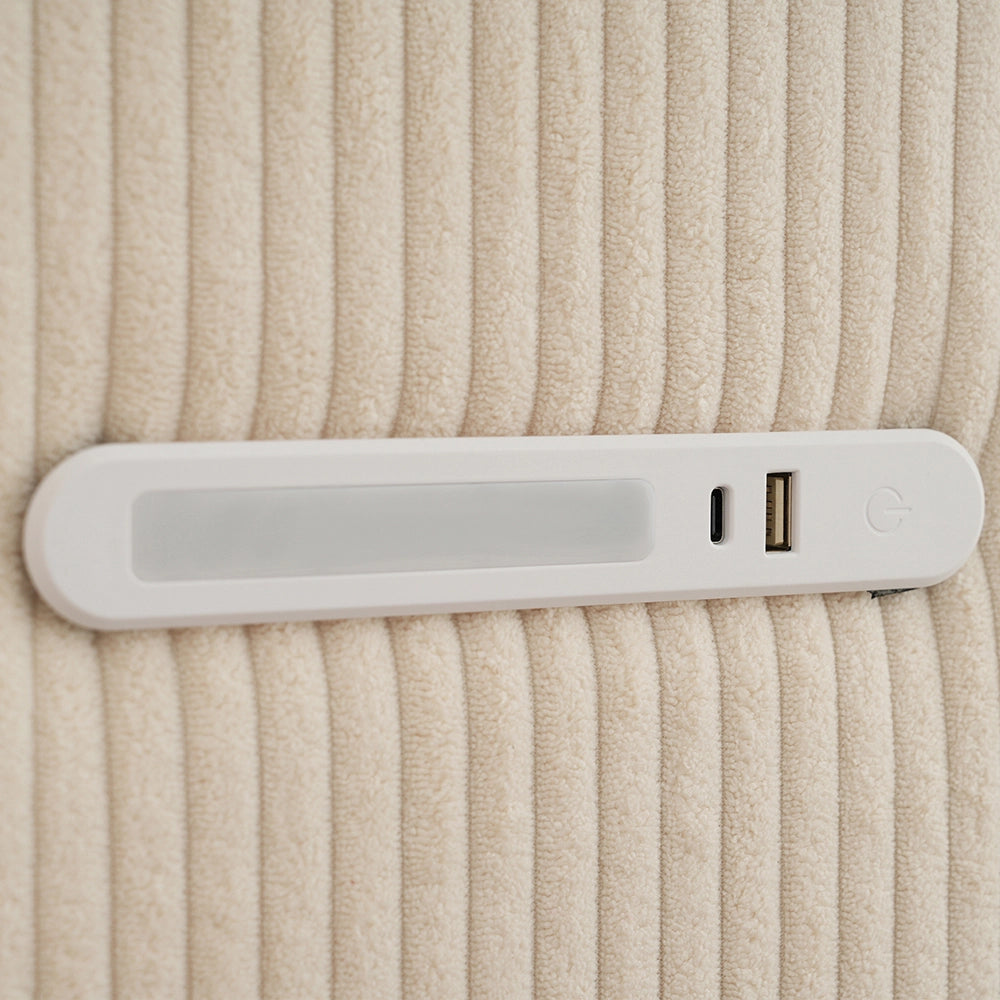 Letto matrimoniale con cassetti - Xylo - 180??200 cm - Beige e Bianco - Velluto costato, comodini con luce e USB-C