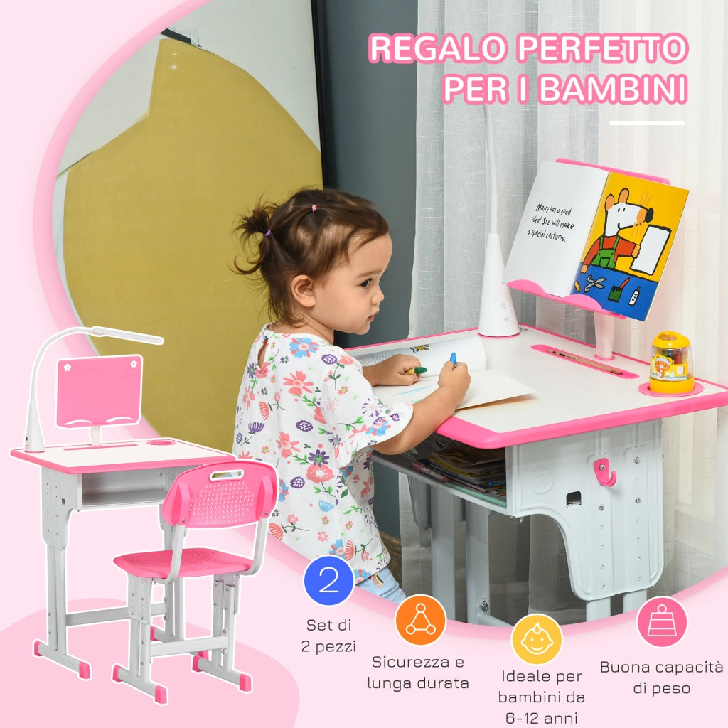 EasyComfort Set Scrivania e Sedia per Bambini 6-12 Anni ad Altezza Regolabili, Banco Scuola con Lampada, Cassetto, Gancio, Portapenne e Leggio, Set Banco con Sedia per Bambini in Acciaio e MDF, Rosa