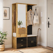 Guardaroba da ingresso con specchio; scarpiera e panca 100x38x180 cm; nero e naturale