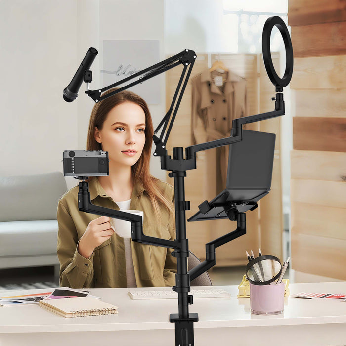 Supporto da tavolo 4in1 con 1 asta per microfono + 3 bracci articolati per accessori, con morsetto e ring light a 3 modalità, staffa per fotocamera per dirette e live