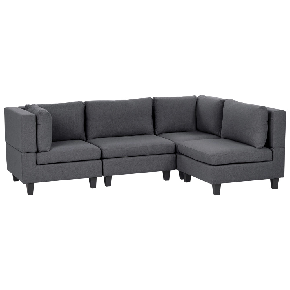 Divano componibile a 4 posti imbottito in tessuto grigio scuro gambe nere lato sinistro con ottomana stile moderno