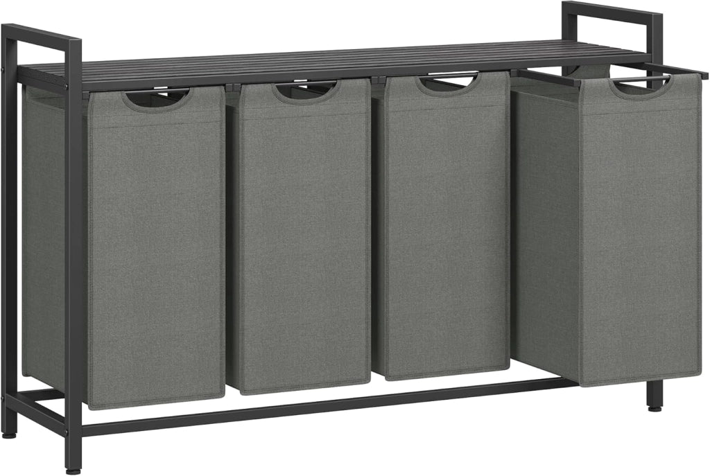 VASAGLE Cesto Portabiancheria, Porta Biancheria, 3 Sacchi in Tessuto Rimovibili, Piano d’Appoggio, Metallo, 3 x 40 L, 92,5 x 33 x 72 cm, Beige Cappuccino e Beige Naturale BLH301LH01