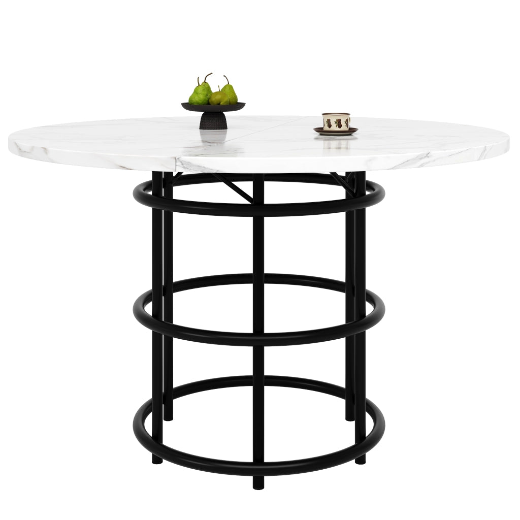 Tavolo da Pranzo Rotondo ¨C MINIMAL ¨C Piano Effetto Marmo MDF, Gambe Metallo Nero, 100x100x76