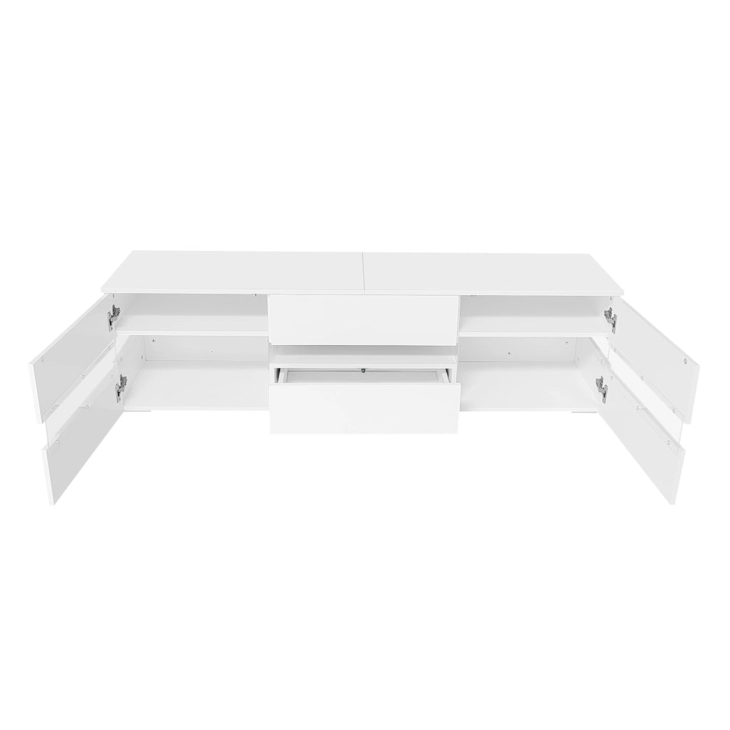 Mobile TV moderno bianco lucido 160x39x45 cm con LED, 2 ante, 1 cassetto, vano aperto, per TV fino a 70 pollici