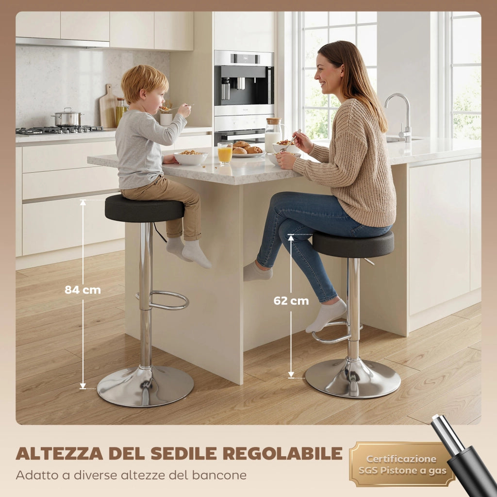 Set 2 Sgabelli da Bar Moderni e Regolabili, in Pelle PU, Spugna e Metallo, 38.5x38.5x62-84 cm, Nero