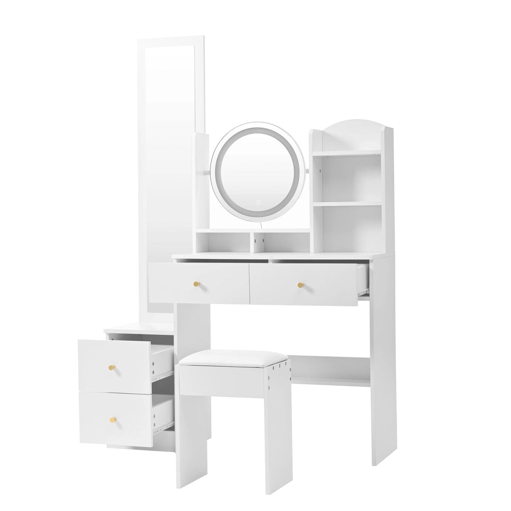 Toeletta con 4 cassetti; specchio LED e sgabello per camera da letto in truciolare bianco