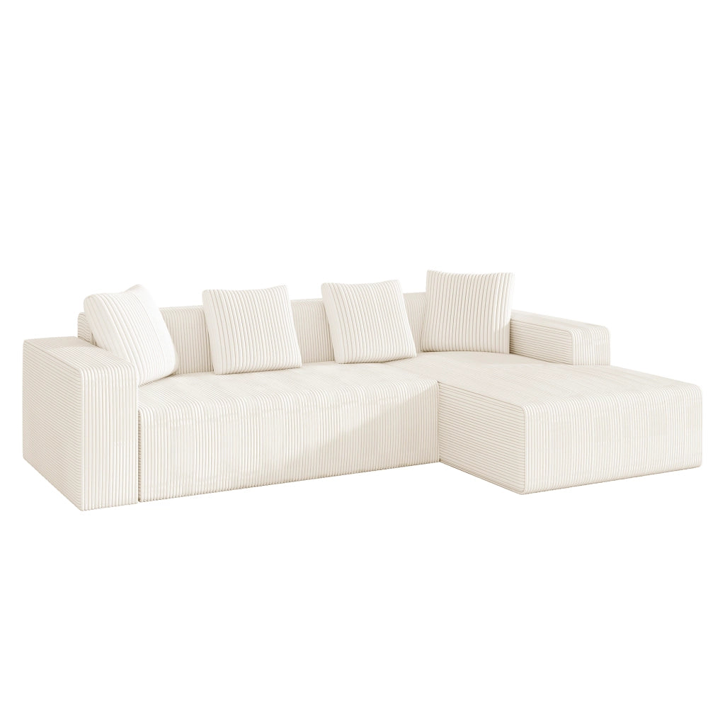 Divano modulare 3 posti con chaise longue e cuscini in velluto a coste bianco 261×146×65 cm