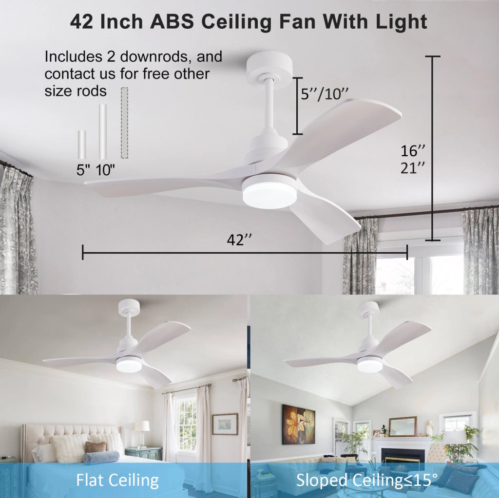 Ventilatore da soffitto 42 pollici con luce LED e telecomando; 3 pale in ABS bianco