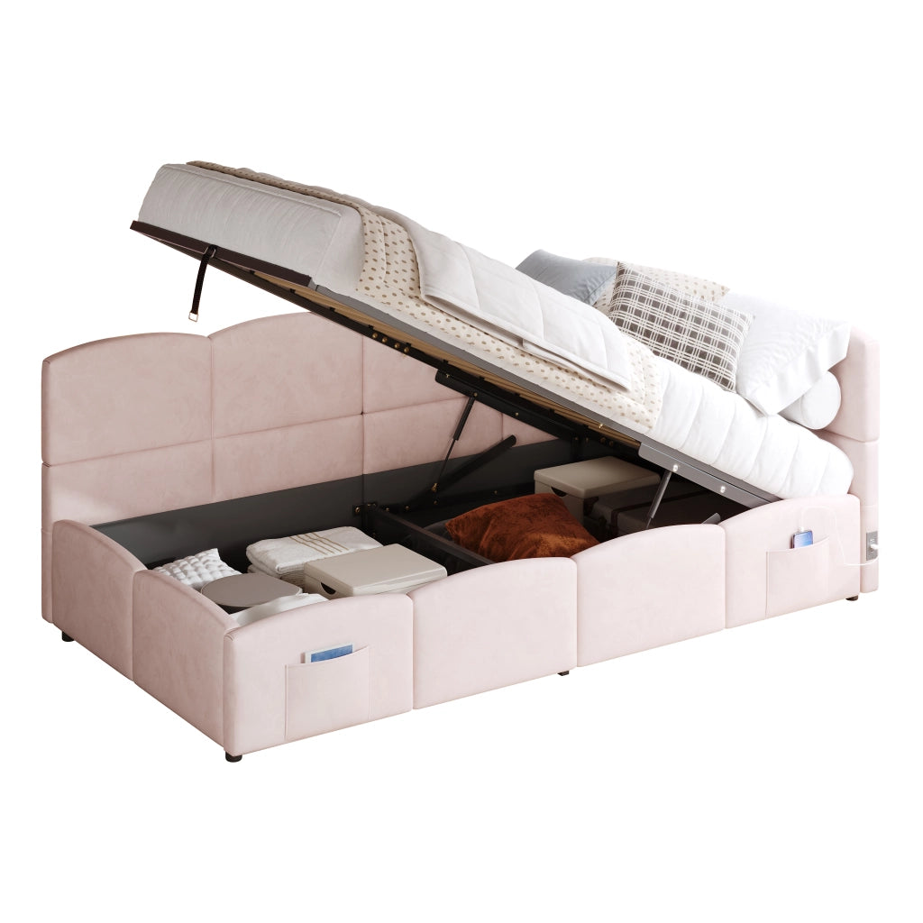 Divano letto contenitore 90x200 cm in velluto rosa con USB-A/USB-C, vano idraulico e tasche laterali
