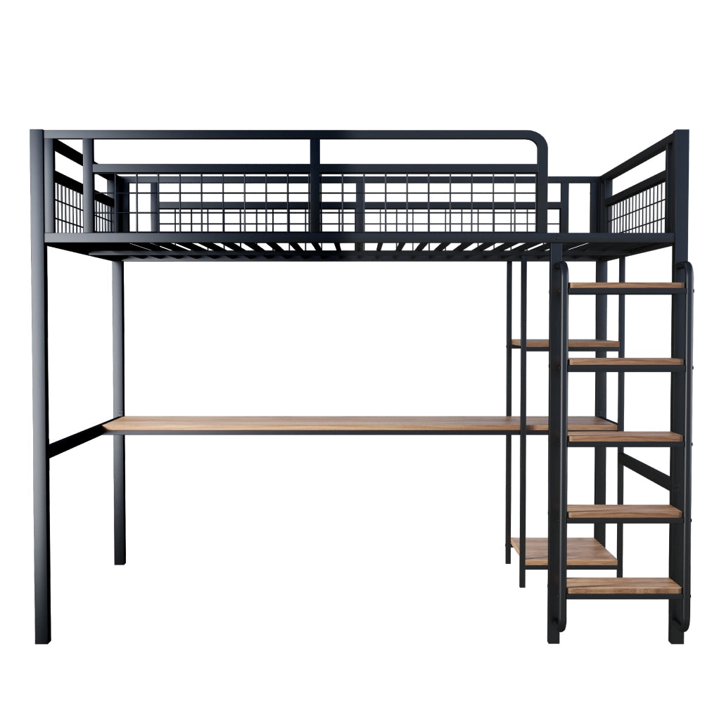 Letto a soppalco in metallo 140x200 cm nero con scala di sicurezza; tavolo e ripiani
