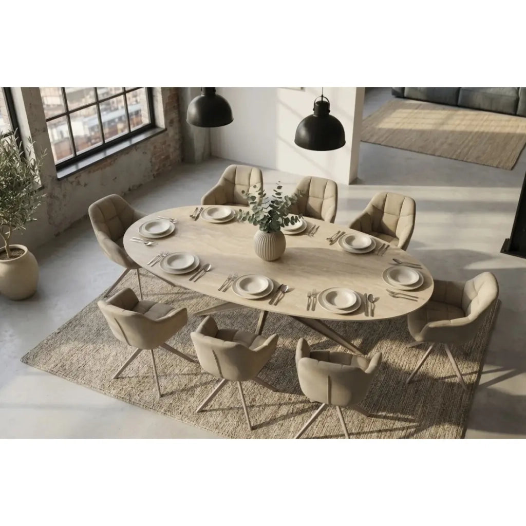 Tavolo da pranzo AVELIS ovale 220 cm in ceramica beige e metallo marrone stile contemporaneo