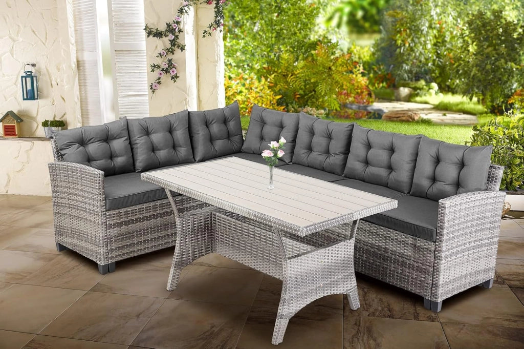 Set Salottino Lounge Polyrattan WPC Tavolo da Pranzo con Copriseduta Cuscini Idrorepellenti Mobili Esterno