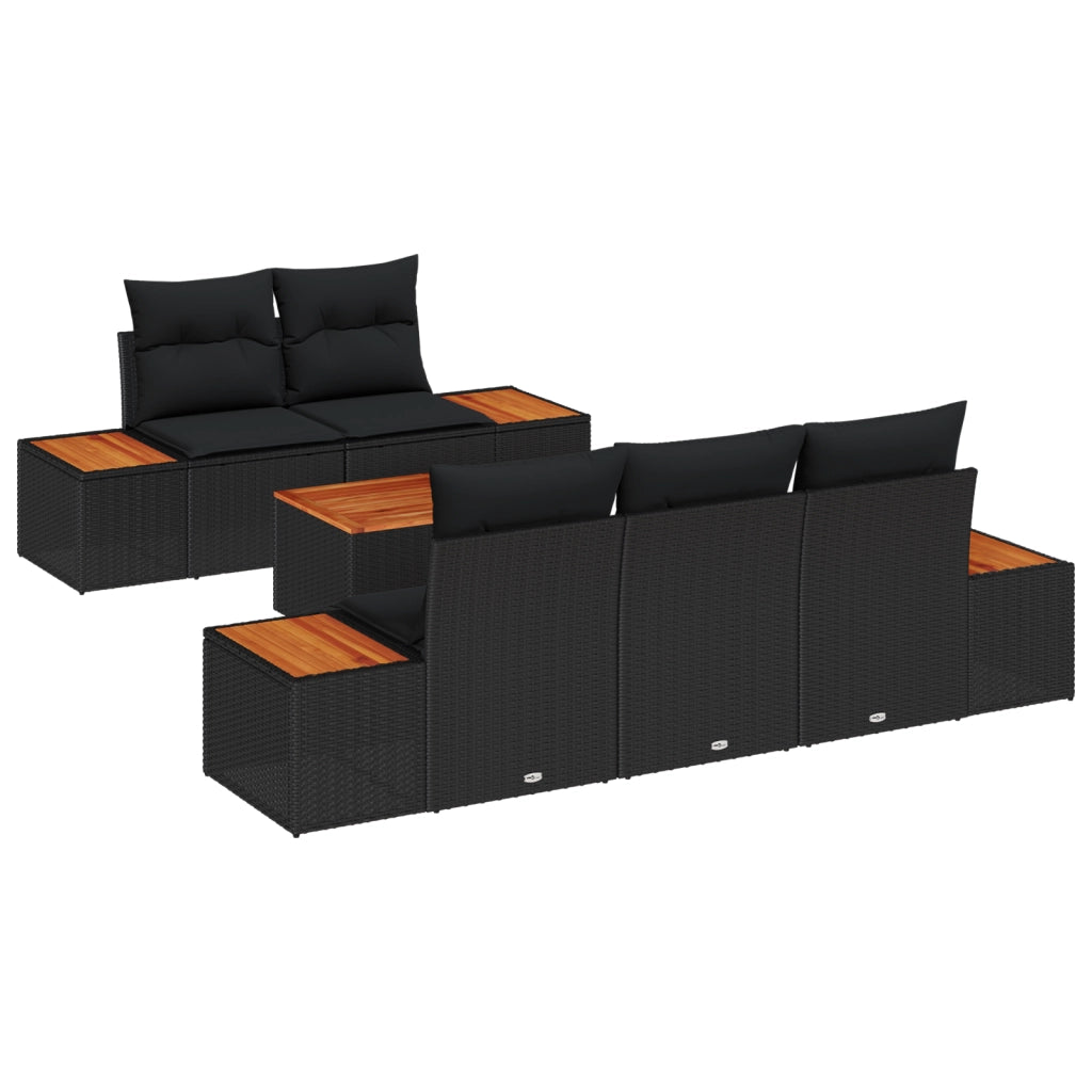 Set Divano da Giardino a 6 Pezzi con Cuscini Nero Polyrattan Acacia