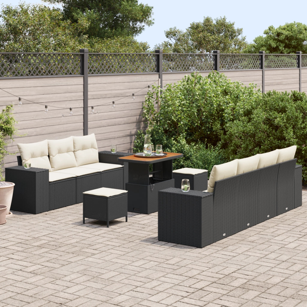 Set Divano da Giardino in 10 Pezzi con Cuscini in Nero e Polyrattan Acacia