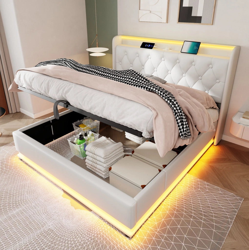 Letto matrimoniale imbottito 140x190 cm in PU bianco con LED; contenitore idraulico e USB Tipo-C