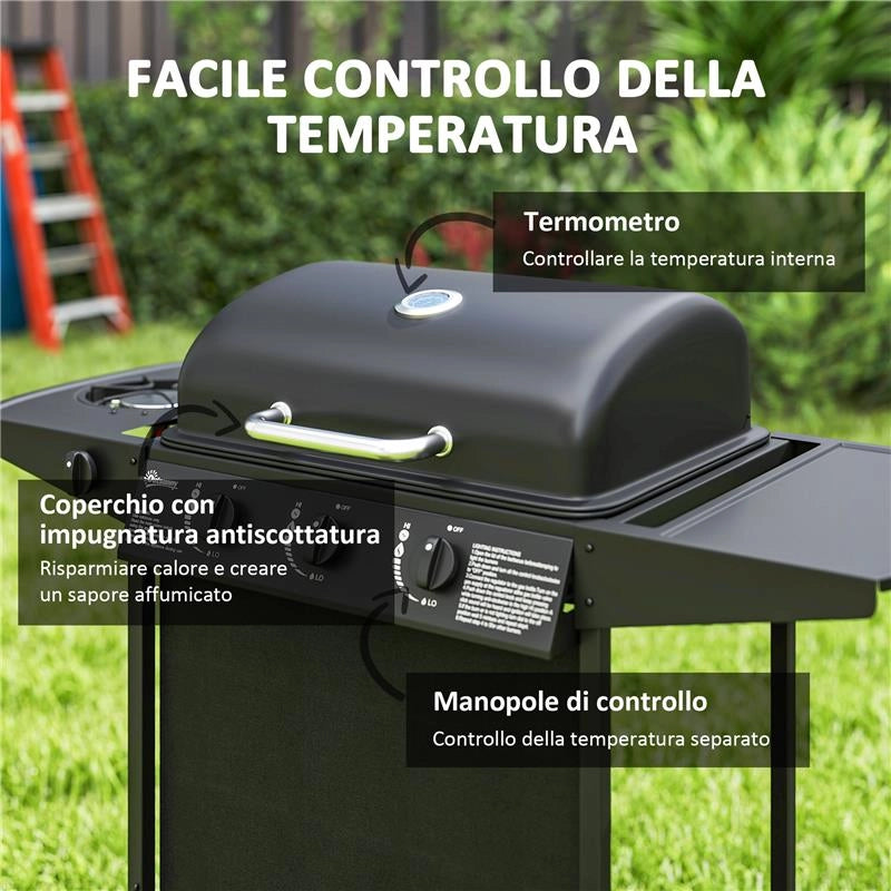 BARBECUE A GAS CON 4 BRUCIATORI INDIPENDENTI E COPERCHIO CON TERMOMETRO 108X54X97 CM NERO