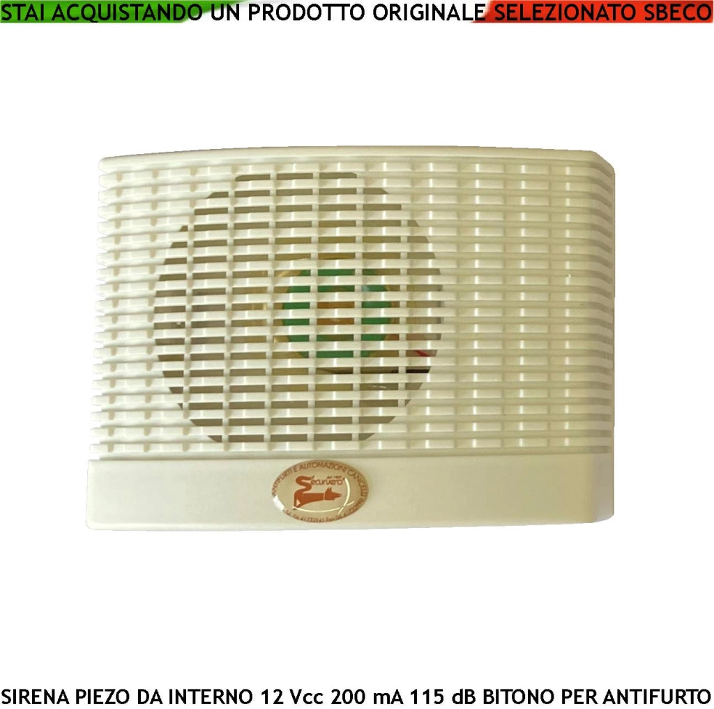 Sirena Piezoelettrica Antifurto da Parete Interna Diffusore Piezo Acustica 115 dB Morsetti Polarizzati Alimentazione 12 Vcc Assorbimento 200 mA Nota Bitonale A/B 1500 +/- 4000 Hz Contenitore ABS IP32