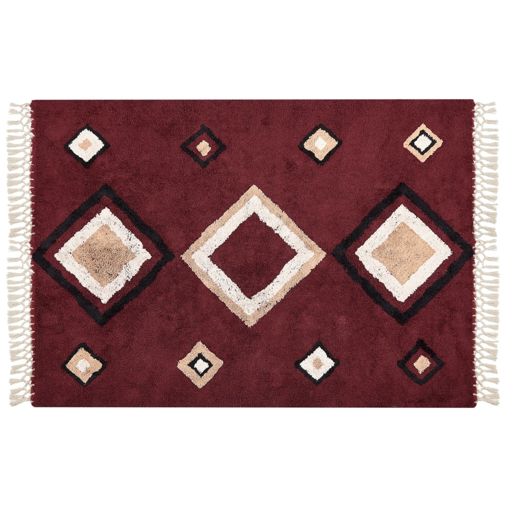 Tappeto in cotone con nappe e motivo a diamante rosso 160 x 230 cm soggiorno camera da letto