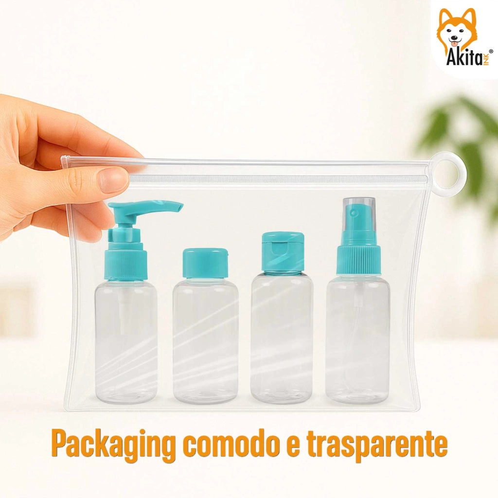 Akitaink Set Flaconi da Viaggio 4 Pz con Borsa Celeste 100 ml