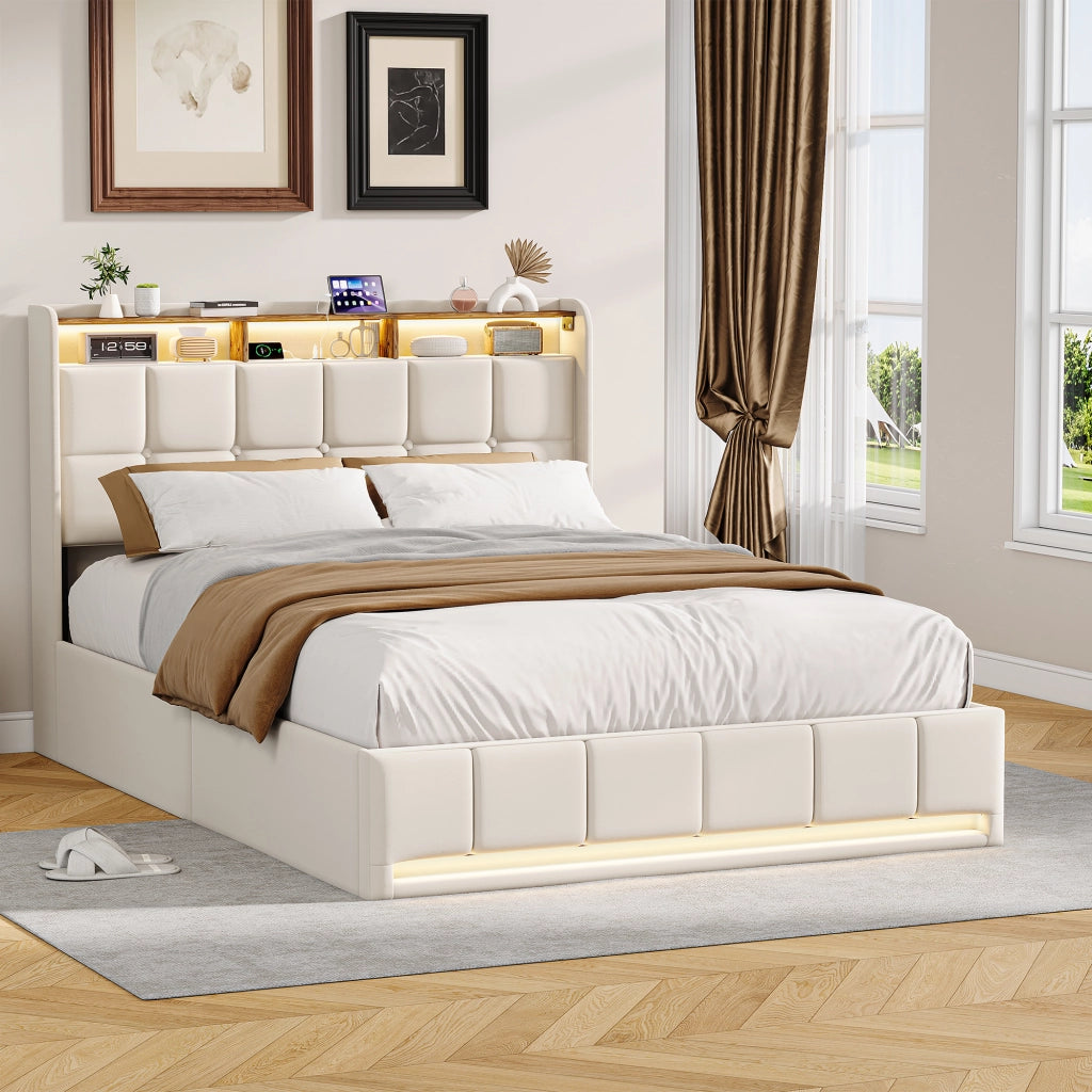 Letto una piazza e mezza 140x190 cm con contenitore LED USB testiera con mensola rete a doghe in lino - beige