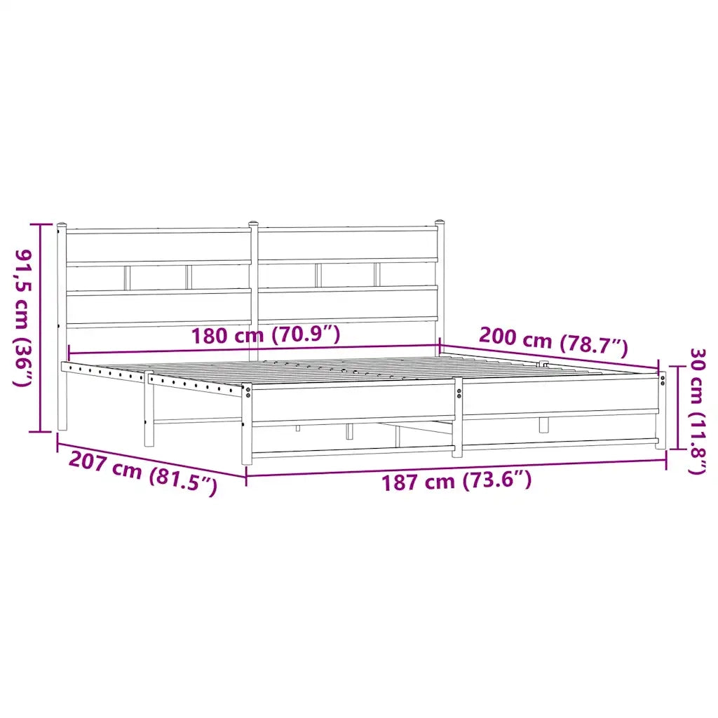 Letto matrimoniale | Letto per adulti | Giroletto senza Materaso in Metallo Rovere Marrone 180x200 cm