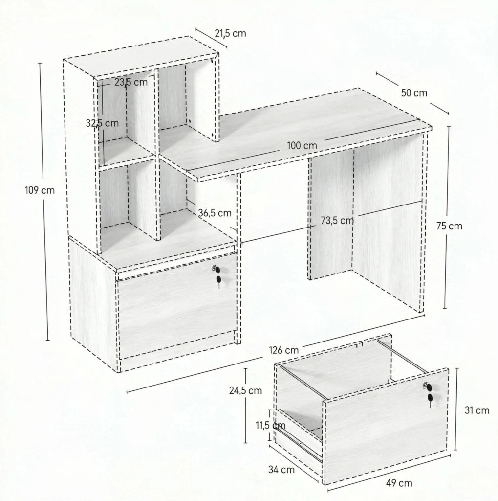 Scrivania per computer 126x50x109 cm bianco e rovere con vani e cassetto –