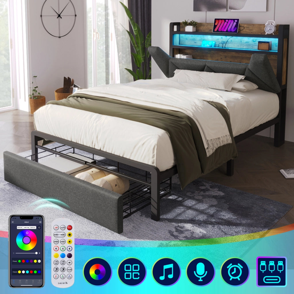 LETTO 90x200 cm in lino grigio con testiera contenitore, LED e cassetti