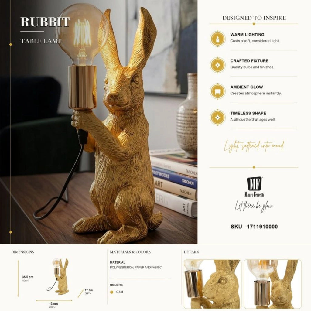 Lampada da tavolo Rabbit in resina dorata con lampadina Edison