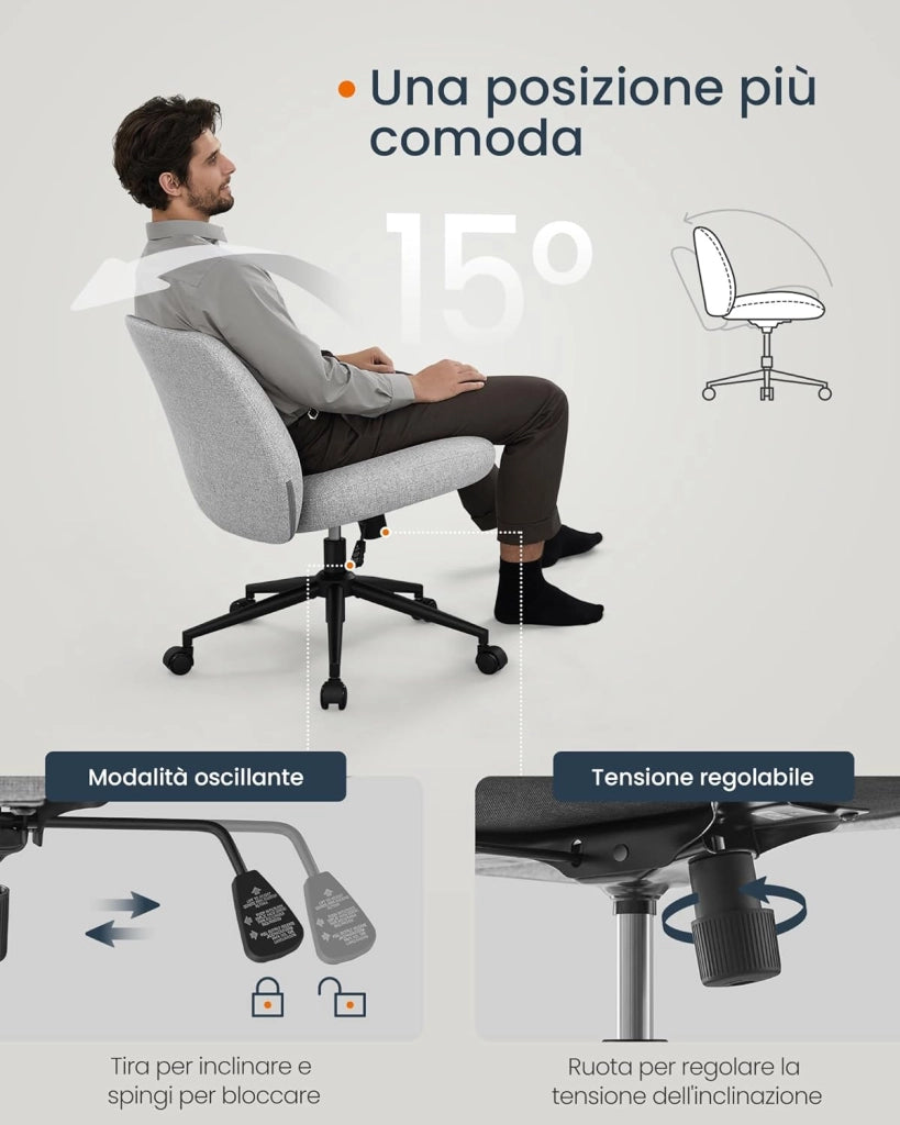 SONGMICS HOME Sedia da Ufficio, Sedia da Studio Girevole, Stile Contemporaneo con Base a Stella, Seduta Ampia e Confortevole, Altezza Regolabile, Tessuto Cotone-lino, Grigio Tortora OBG047G01
