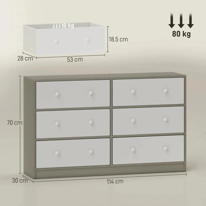 CASSETTIERA 6 CASSETTI PIEGHEVOLI CON MANIGLIE DOPPIE, IN LEGNO, ACCIAIO E TESSUTO, 114X30X70 CM, BIANCO E GRIGIO