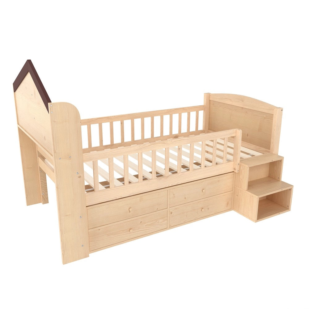 Letto a Soppalco con Cassetti e LED ¨C MINIMAL ¨C 90x200, Naturale