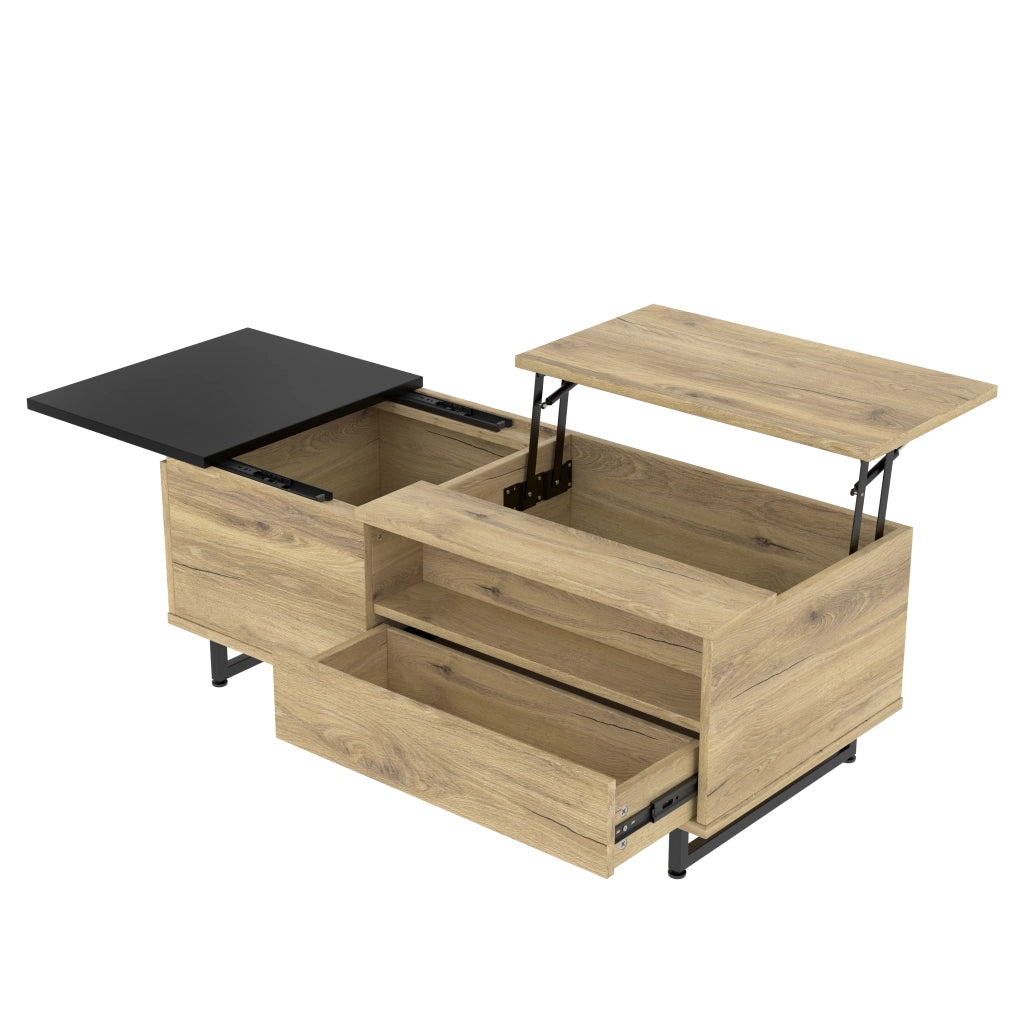 Tavolino basso sollevabile con cassetto e vani aperti, in legno ingegnerizzato e metallo, natural, 103.5 × 50 × 27.5 cm