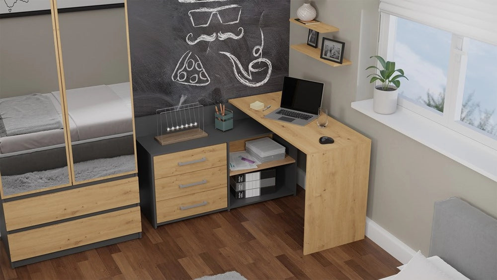 Set scrivania DANY angolare antracite e rovere artisan + poltrona DRIFT blu