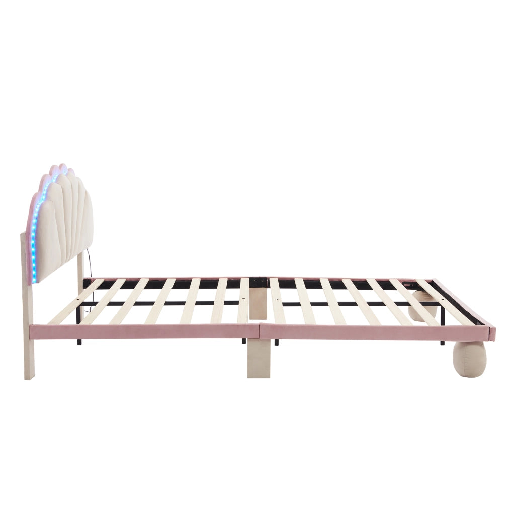 DESMIU Letto per Bambini Matrimoniale 140 × 200 cm con LED Multicolore e Testiera Imbottita, senza Materasso