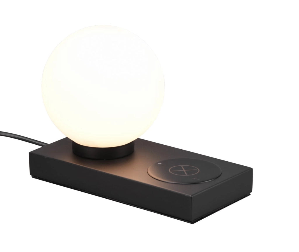 Lampada da tavolo CHLOE nera/vetro bianco, ricarica Qi