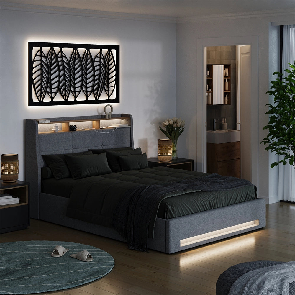 Vitalispa Letto imbottito Grigio/quercia con LED e connessione USB