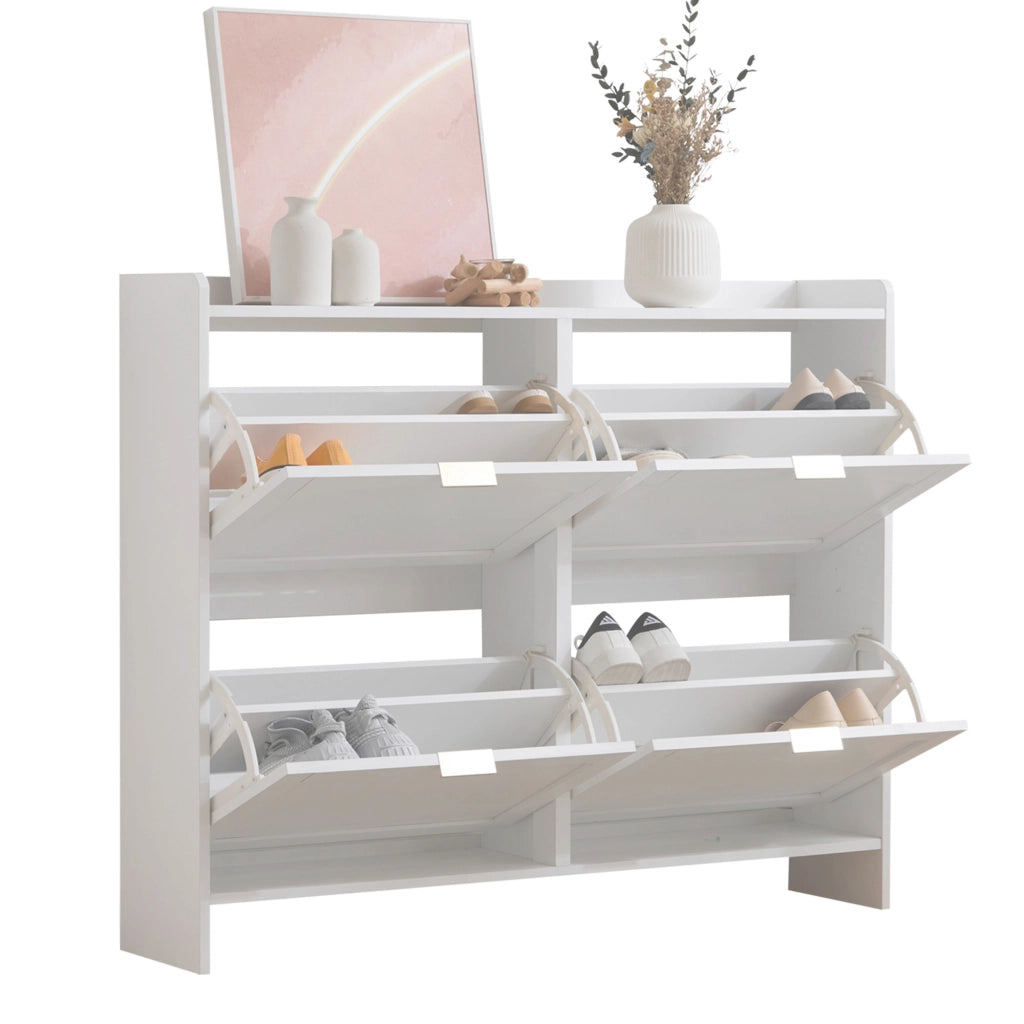 Scarpiera Moderna Bianca 110×24×90 cm con 4 Ante a Ribalta; Ripiani Aperti e Porta Scarpe da Ingresso