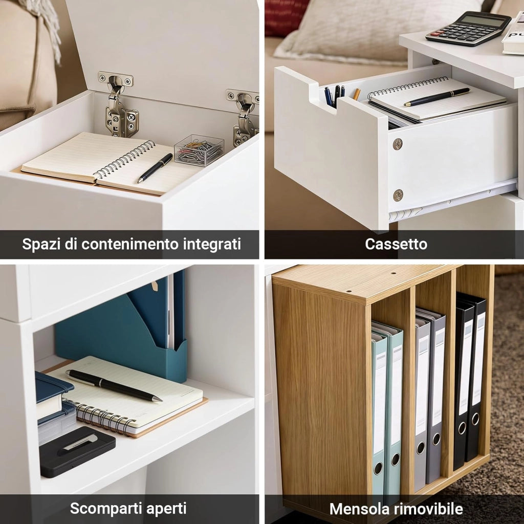 Carrello Ufficio con Ruote – Cassettiera Mobile e Supporto Stampante, Mobile da Ufficio con Piano Ribaltabile, Cassetto e Libreria Rimovibile, Bianco, L30 x P61 x H70 cm, FBT134-W