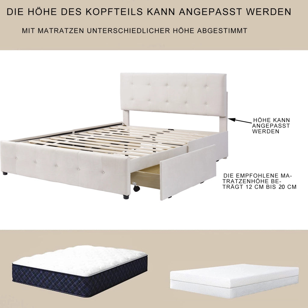 Letto imbottito beige con 4 cassetti, rete a doghe e testiera