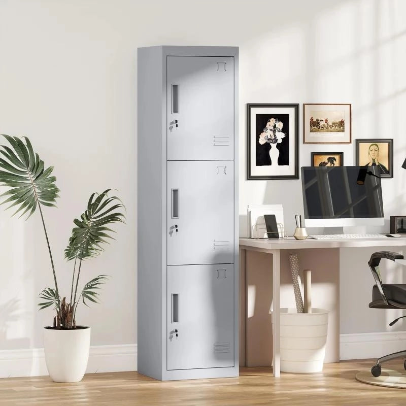 ARMADIO PER UFFICIO IN ACCIAIO A 3 PORTE INDIPENDENTI CON SERRATURA E 2 CHIAVI, 45X38X180 CM, GRIGIO CHIARO