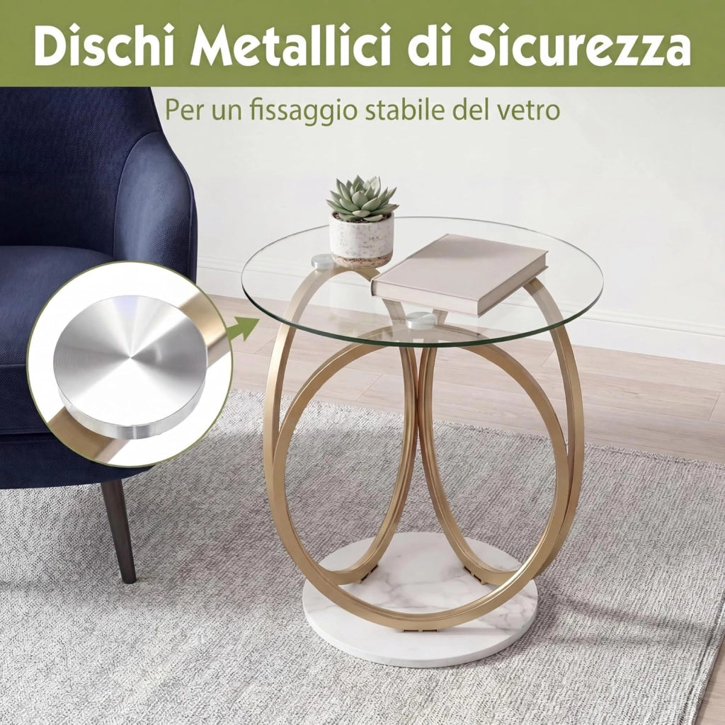 Tavolino da Caffè in Vetro Temperato, Tavolino Rotondo con Struttura in Metallo Dorato e Geometrico, Tavolino Moderno per Salotto, Camera, Cucina e Sala da Pranzo, Portata 30 KG