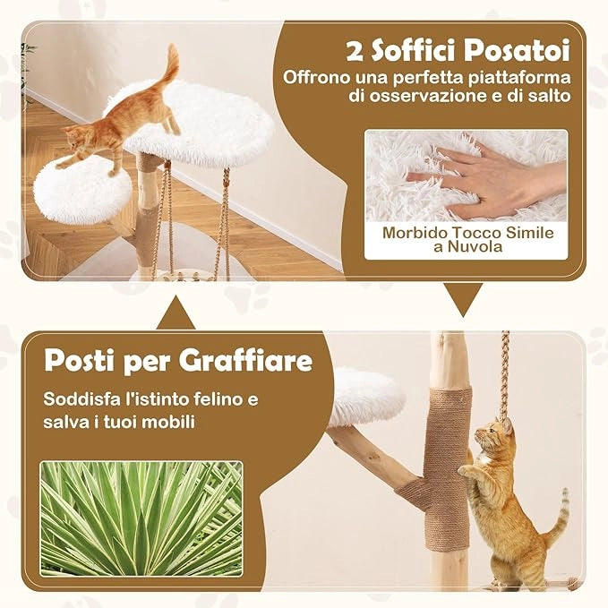 Albero Tiragraffi per Gatti 70 x 50 x 123 cm, Torre per Animali Domestici con Amaca Altalena, Rami di Legno Reale, Pali Tiragraffi di Juta e 2 Posatoi, Giochi per Gatti da Interno