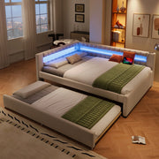 OKWISH Letto Divano 140×200 cm, Letto Matrimoniale con LED Regolabile, USB, Tipo C e Letto Estraibile, senza Materasso, in Lino, Beige